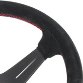 Volant Nardi Deep Corn Ø35, Cuir Noir Retourné, Branches Noires, Coutures Rouges, Tulipé 75 mm