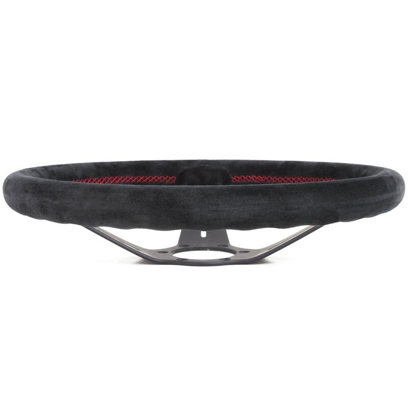Volant Nardi Deep Corn Ø35, Cuir Noir Retourné, Branches Noires, Coutures Rouges, Tulipé 75 mm