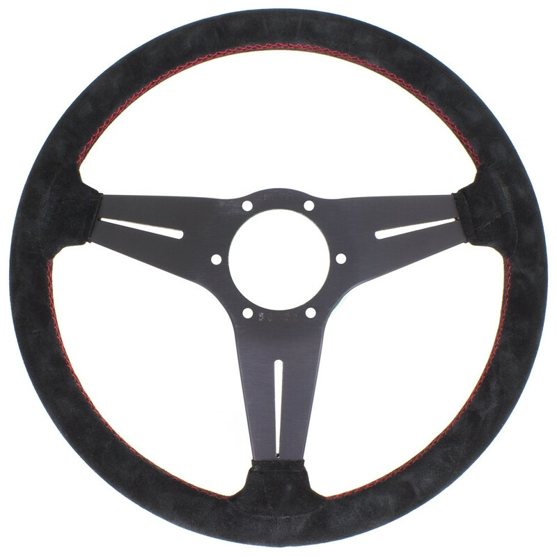 Volant Nardi Deep Corn Ø35, Cuir Noir Retourné, Branches Noires, Coutures Rouges, Tulipé 75 mm