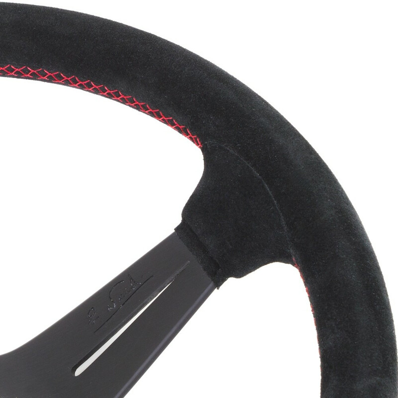 Volant Nardi Deep Corn Ø35, Cuir Noir Retourné, Branches Noires, Coutures Rouges, Tulipé 75 mm