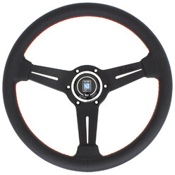 Volant Nardi Classic ND33, Cuir Noir Perforé, Branches Noires, Coutures Rouges, Tulipé 25 mm