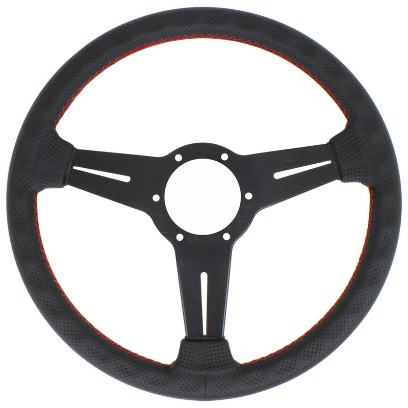 Volant Nardi Classic ND33, Cuir Noir Perforé, Branches Noires, Coutures Rouges, Tulipé 25 mm