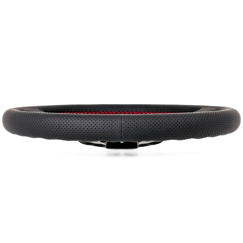 Volant Nardi Deep Corn Ø33, Cuir Noir Perforé, Branches Noires, Coutures Rouges, Tulipé 50 mm