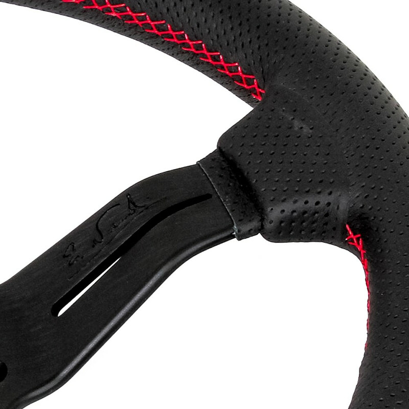 Volant Nardi Deep Corn Ø33, Cuir Noir Perforé, Branches Noires, Coutures Rouges, Tulipé 50 mm