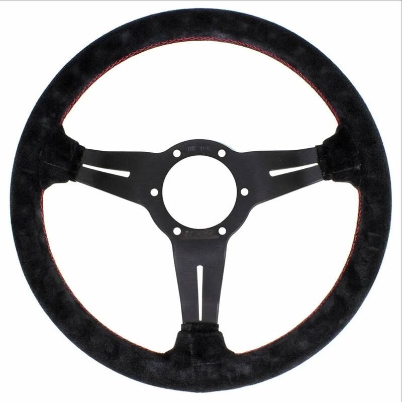 Volant Nardi Deep Corn Ø33, Cuir Noir Retourné, Branches Noires, Coutures Rouges, Tulipé 50 mm