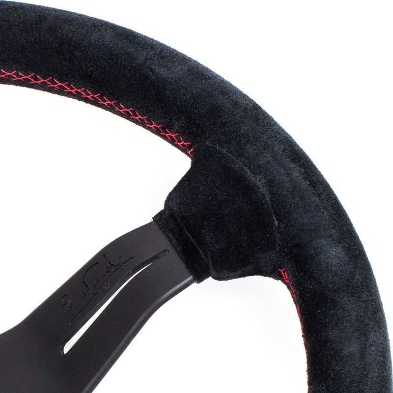 Volant Nardi Deep Corn Ø33, Cuir Noir Retourné, Branches Noires, Coutures Rouges, Tulipé 50 mm