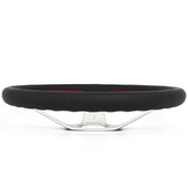 Volant Nardi Deep Corn Ø35, Cuir Noir Perforé, Branches Alu, Coutures Rouges, Tulipé 75 mm