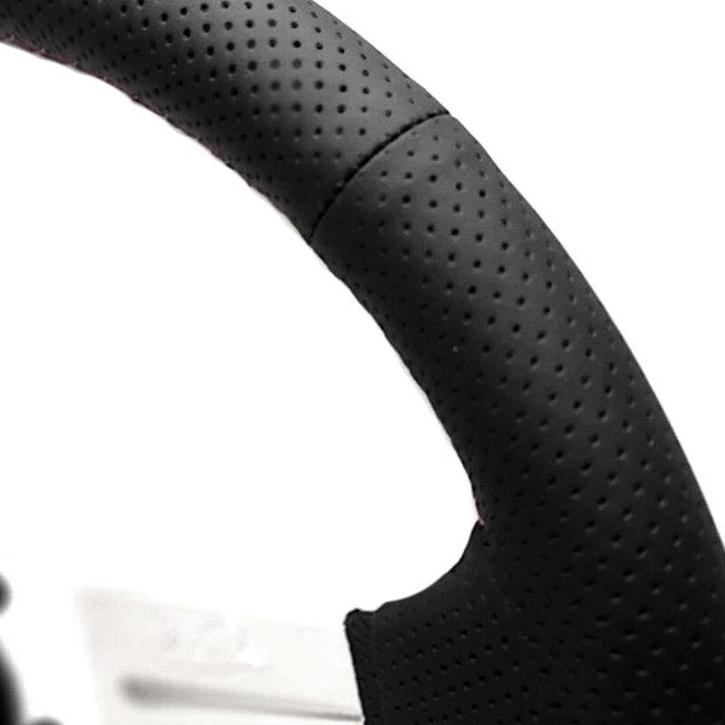 Volant Nardi Deep Corn Ø35, Cuir Noir Perforé, Branches Alu, Coutures Rouges, Tulipé 75 mm