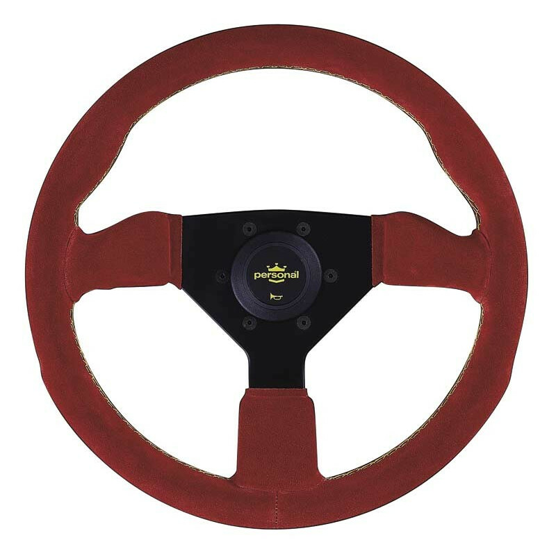Volant Personal Grinta (330 mm), Cuir Rouge Retourné, Branches Noires, Coutures Jaunes