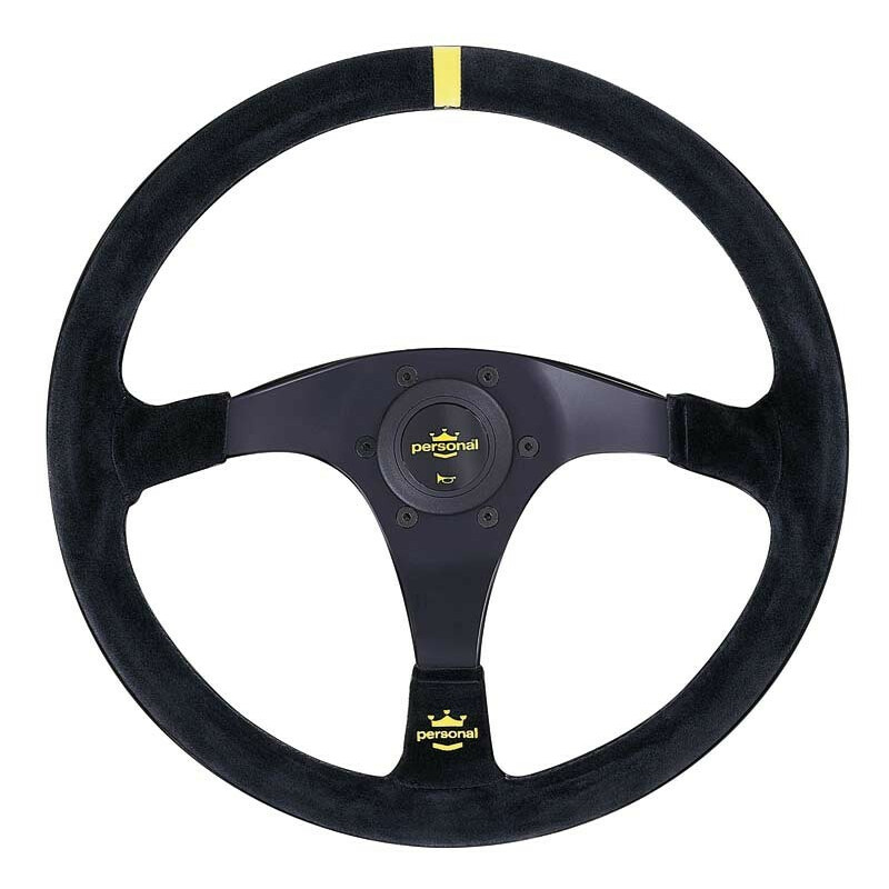 Volant Personal Trophy (350 mm), Cuir Noir Retourné, Branches Noires, Coutures Jaunes