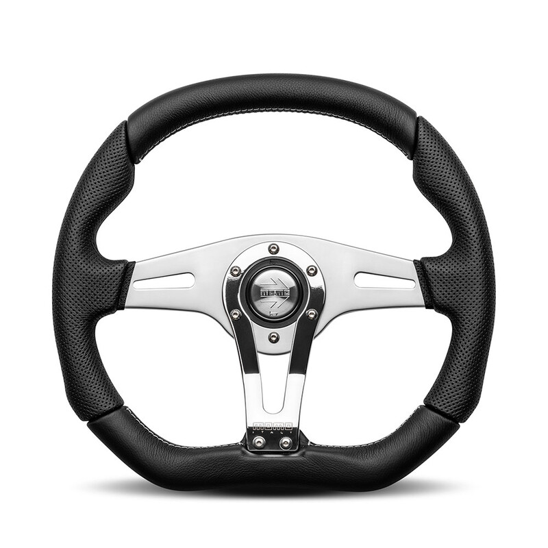 Volant Momo Trek R Tulipé (38 mm), Cuir Noir, Branches Alu - 35 cm