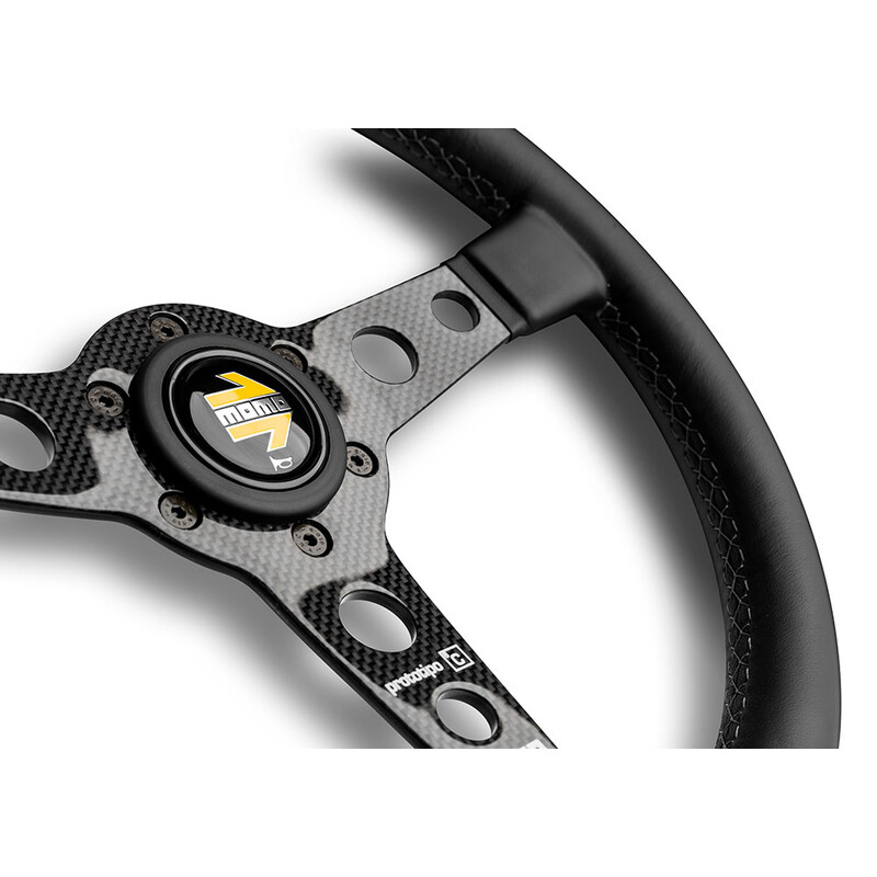 Volant Momo Prototipo 6C Tulipé (39 mm), Cuir Noir, Branches Carbone - 35 cm