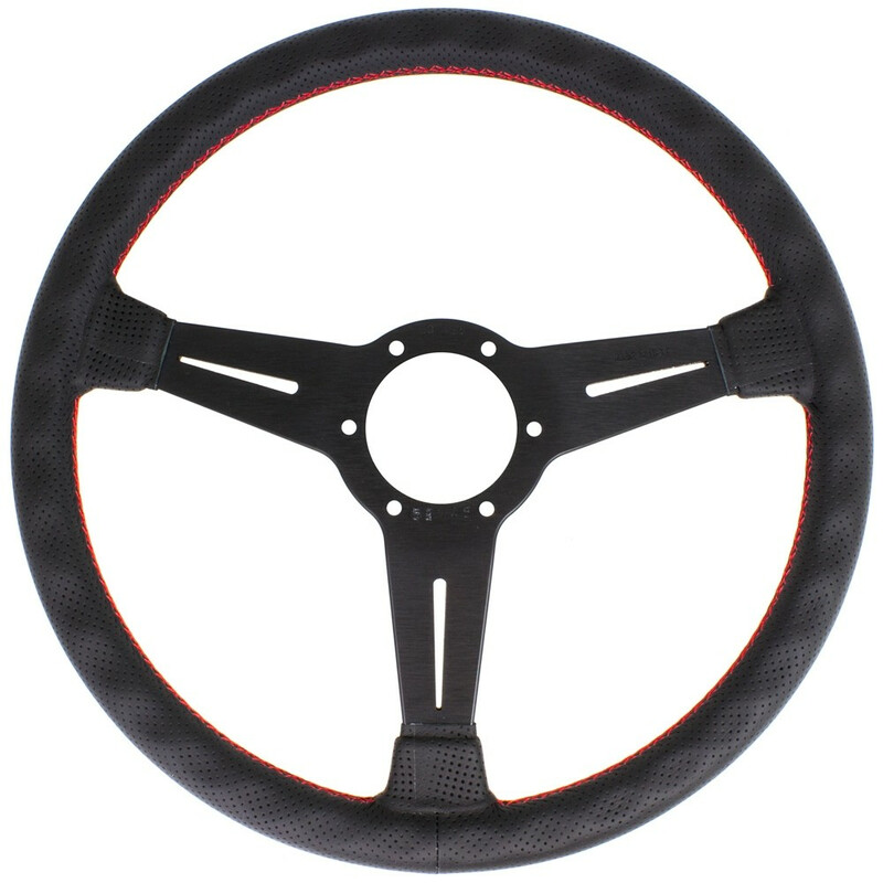 Volant Nardi Classic ND36, Cuir Noir Perforé, Branches Noires, Coutures Rouges, Tulipé 40 mm