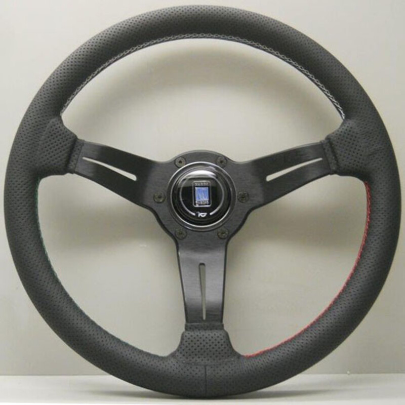 Volant Nardi Deep Corn Ø33, Cuir Noir Perforé, Branches Noires, Coutures Italia Segmentées, Tulipé 50 mm