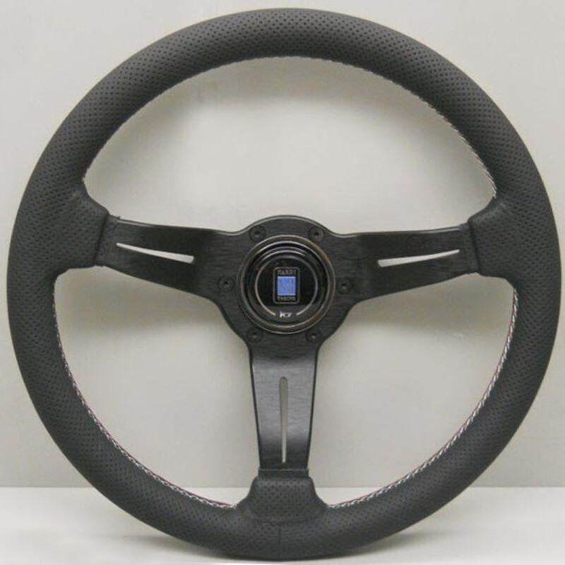 Volant Nardi Deep Corn Ø33, Cuir Noir Perforé, Branches Noires, Coutures Italia, Tulipé 50 mm