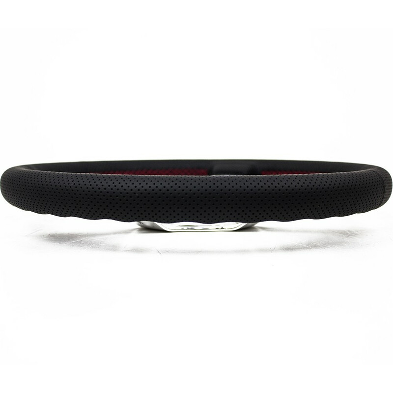 Volant Nardi Deep Corn Ø33, Cuir Noir Perforé, Branches Chromées, Coutures Rouges, Tulipé 50 mm