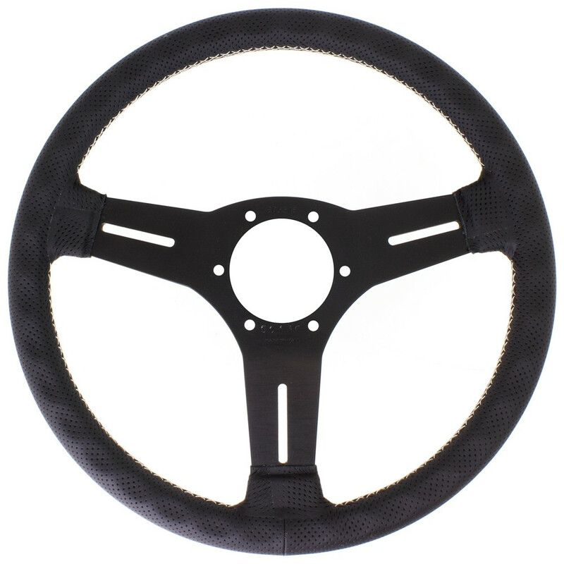 Volant Nardi Competition, Cuir Noir Perforé, Branches Noires, Coutures Grises, Tulipé 40 mm, Ø33 cm
