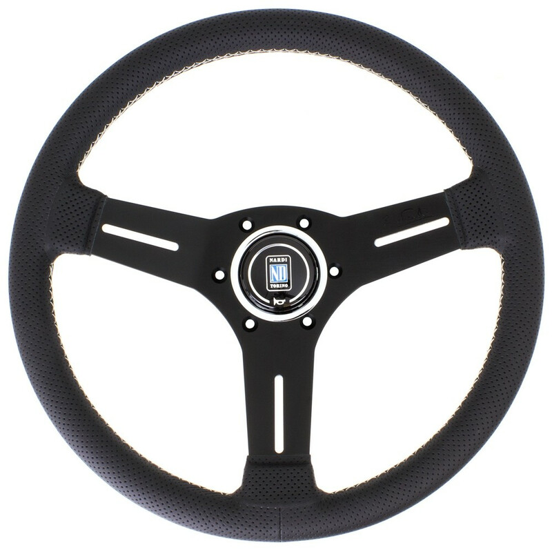 Volant Nardi Competition, Cuir Noir Perforé, Branches Noires, Coutures Grises, Tulipé 40 mm, Ø33 cm
