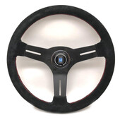 Volant Nardi Competition, Cuir Noir Retourné, Branches Noires, Coutures Rouges, Tulipé 40 mm, Ø33 cm
