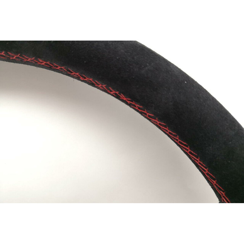Volant Nardi Competition, Cuir Noir Retourné, Branches Noires, Coutures Rouges, Tulipé 40 mm, Ø33 cm