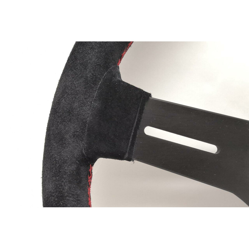 Volant Nardi Competition, Cuir Noir Retourné, Branches Noires, Coutures Rouges, Tulipé 40 mm, Ø33 cm