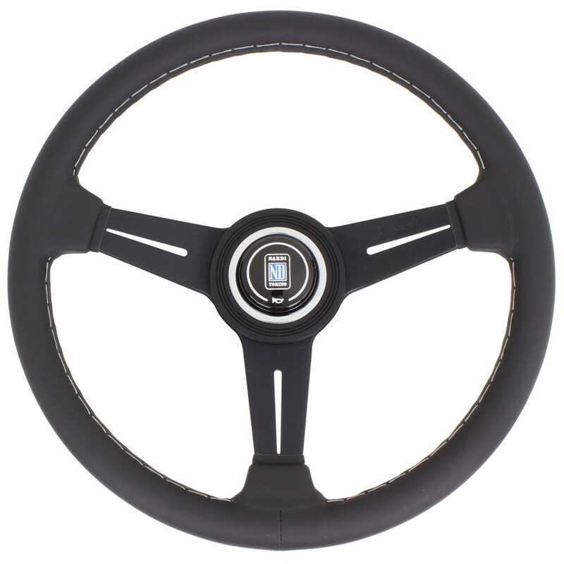 Volant Nardi Classic ND34, Cuir Noir, Branches Noires, Coutures Grises, Tulipé 40 mm