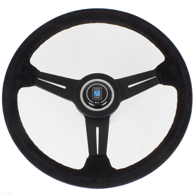 Volant Nardi Classic ND34, Cuir Noir Retourné, Branches Noires, Coutures Noires, Tulipé 40 mm