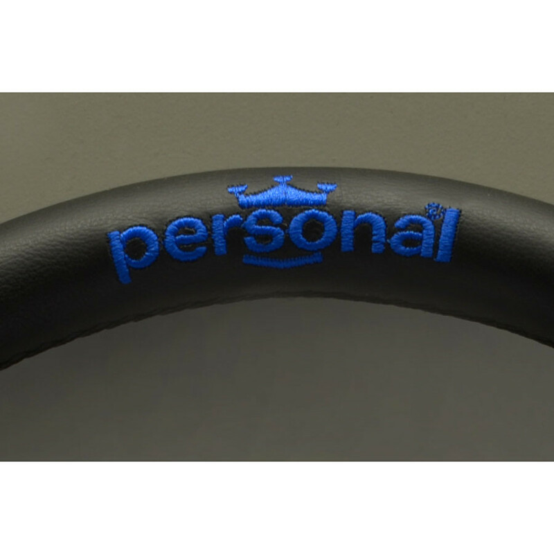 Volant Personal Pole Position (350 mm) Cuir Noir & Cuir Bleu Retourné, Branches Noires, Logo Bleu