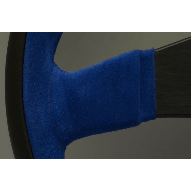 Volant Personal Pole Position (350 mm) Cuir Noir & Cuir Bleu Retourné, Branches Noires, Logo Bleu
