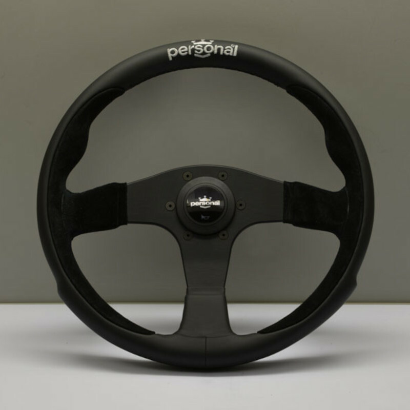 Volant Personal Pole Position (350 mm) Cuir Noir & Cuir Noir Retourné, Branches Noires, Logo Argent