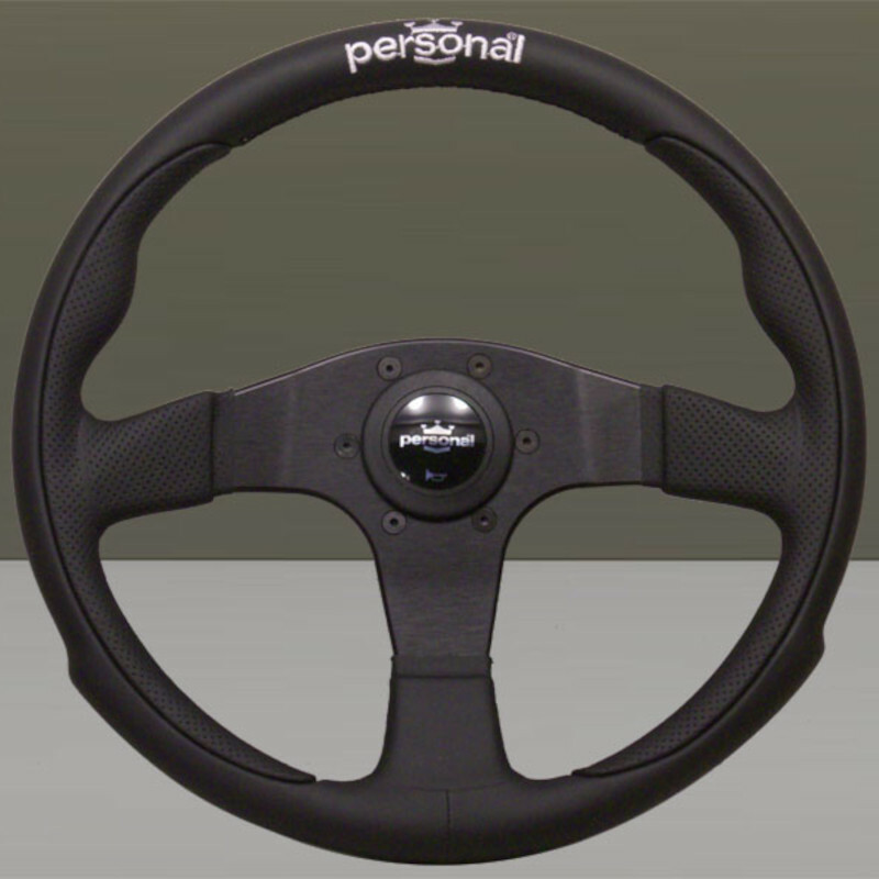 Volant Personal Pole Position (330 mm) Cuir Noir & Cuir Noir Perforé, Branches Noires, Logo Argent