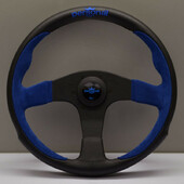 Volant Personal Pole Position (330 mm) Cuir Noir & Cuir Bleu Retourné, Branches Noires, Logo Bleu