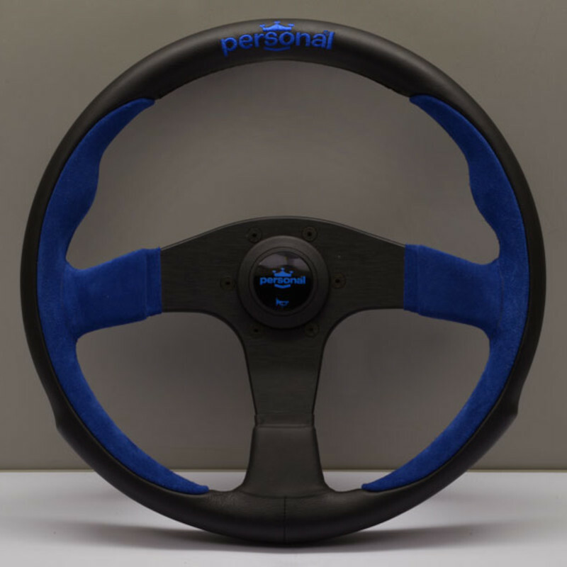 Volant Personal Pole Position (330 mm) Cuir Noir & Cuir Bleu Retourné, Branches Noires, Logo Bleu