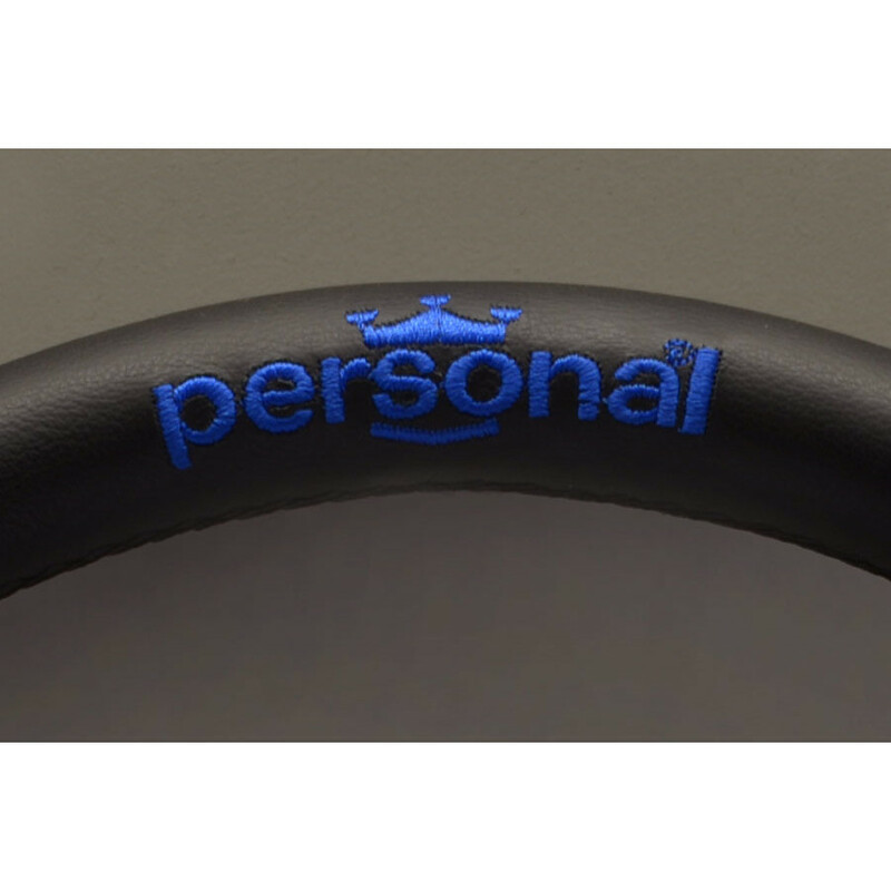 Volant Personal Pole Position (330 mm) Cuir Noir & Cuir Bleu Retourné, Branches Noires, Logo Bleu