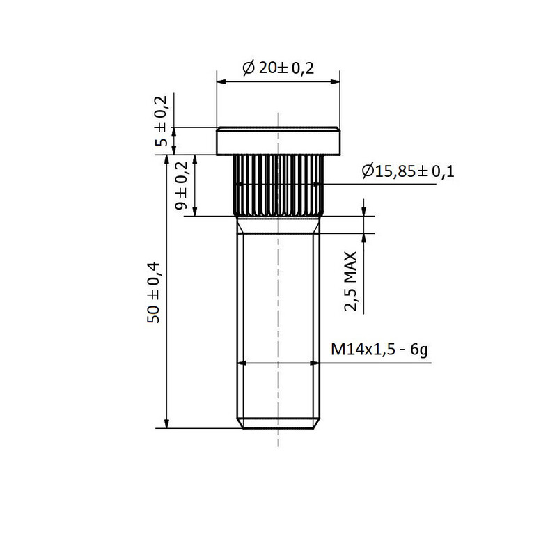 Goujon de Roue M14x1.5 - Cannelures 15.85 mm (Court, 50 mm)