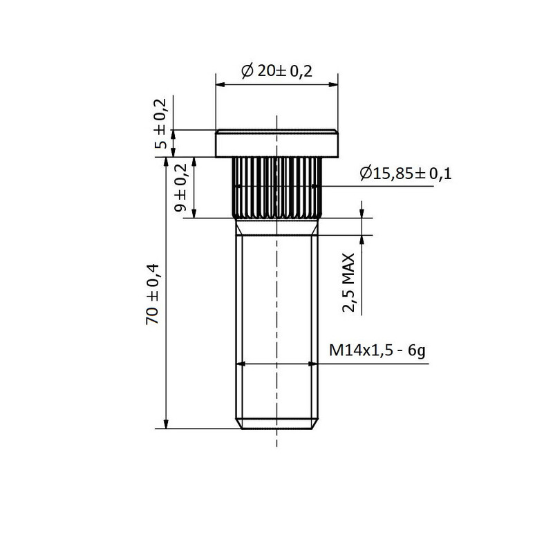Goujon de Roue M14x1.5 - Cannelures 15.85 mm (Long, 70 mm)