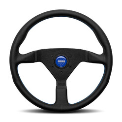 Volant Momo Montecarlo Tulipé (40 mm), Cuir Noir, Coutures Bleues - 35 cm