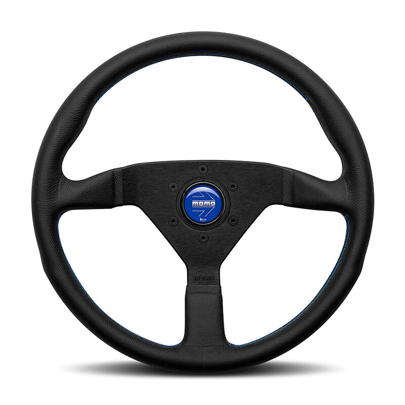 Volant Momo Montecarlo Tulipé (40 mm), Cuir Noir, Coutures Bleues - 35 cm