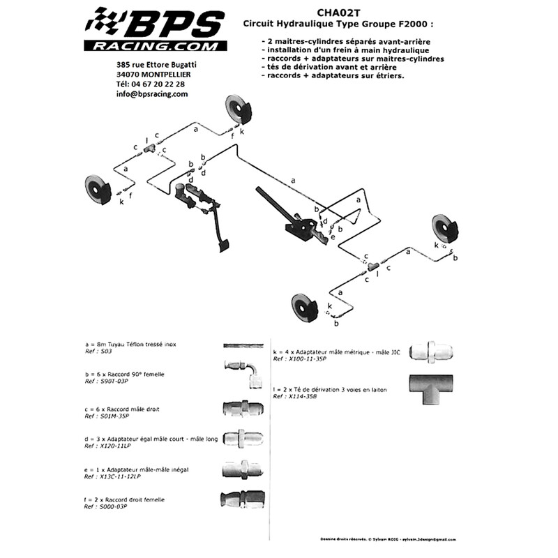 Circuit hydraulique F2000 pour 2 MC, raccords sur MC et étriers, 2 Tés