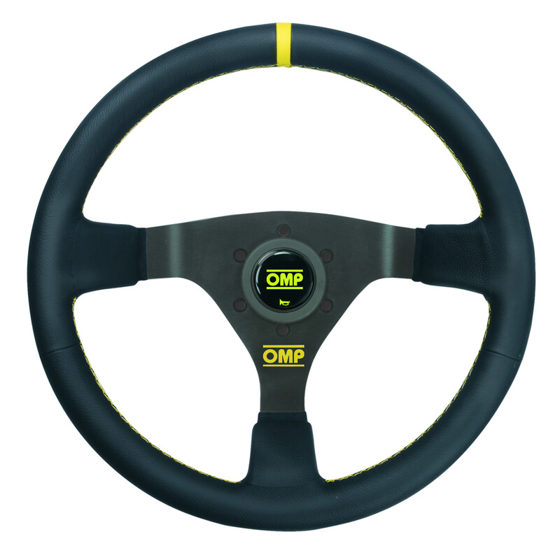 Volant OMP WRC Tulipé (70 mm), Cuir Noir, Branches Noires, Coutures Jaunes