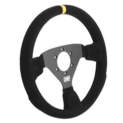 Volant OMP 320 ALU Rally Plat, Cuir Noir Retourné, Branches Noires