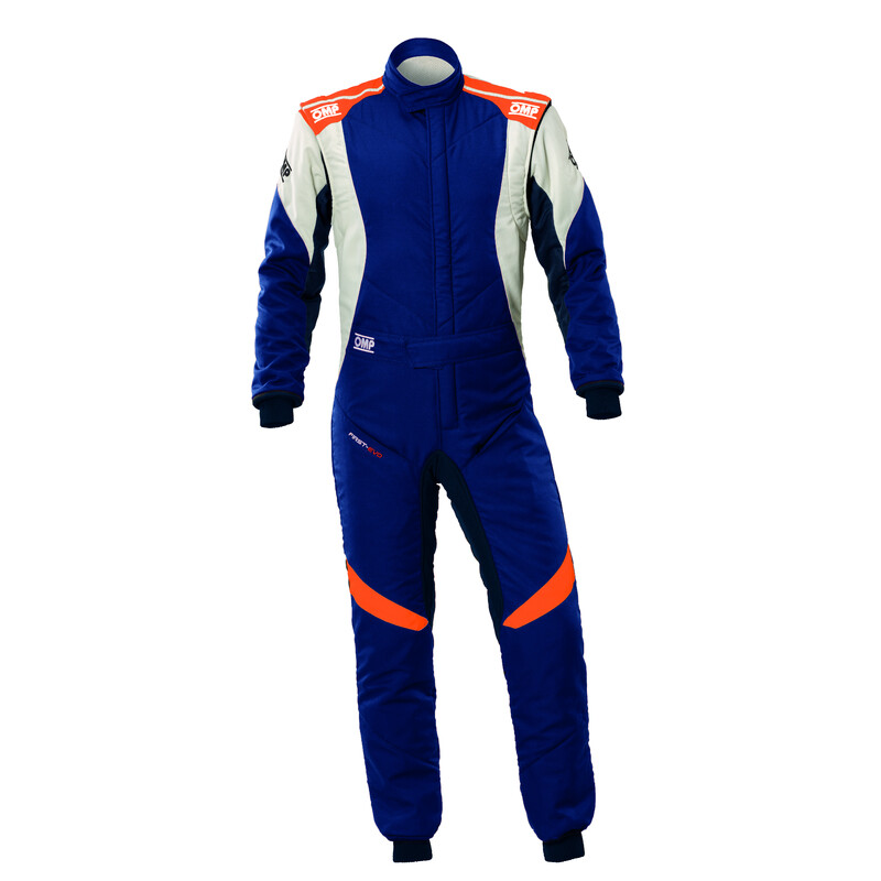 Combinaison OMP First EVO Bleue Marine / Orange (FIA 8856-2018)