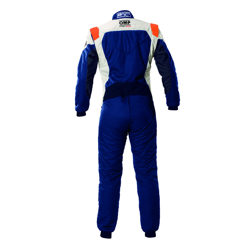 Combinaison OMP First EVO Bleue Marine / Orange (FIA 8856-2018)