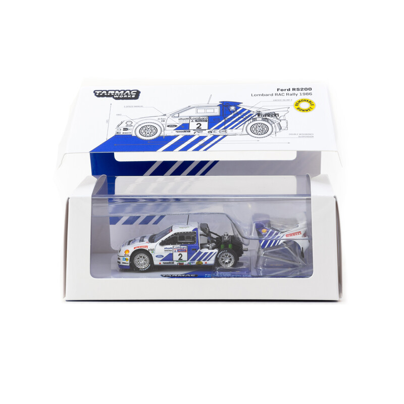 Tarmac Works 1/64 - Ford RS200, Lombard RAC Rally 1986, Stig Blomqvist / Bruno Berglund